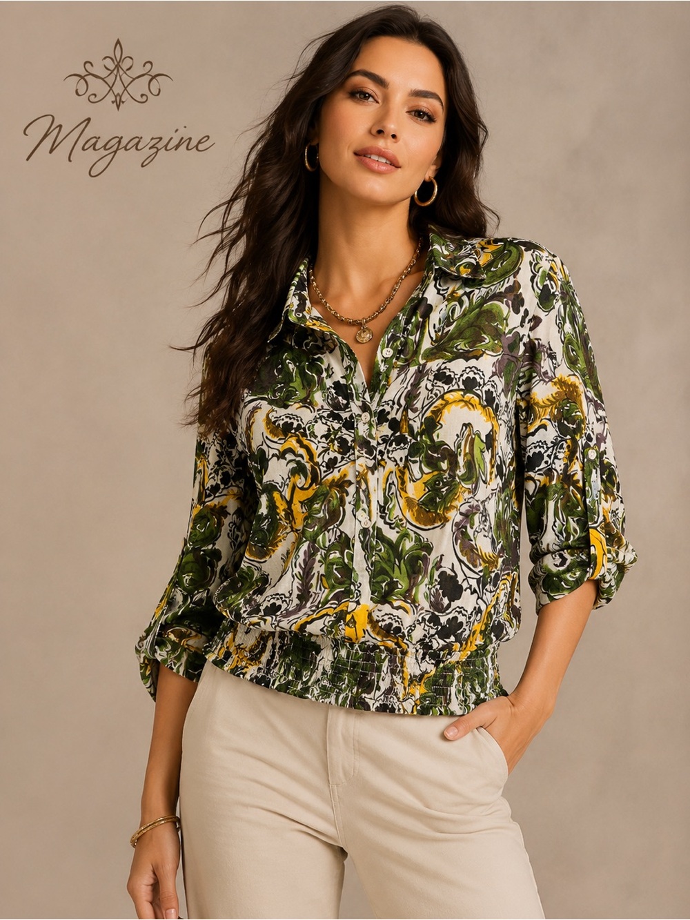 Magazine Women’s Blouse XL Green Mustard Abstract Floral Roll Tab Cotton Boho
